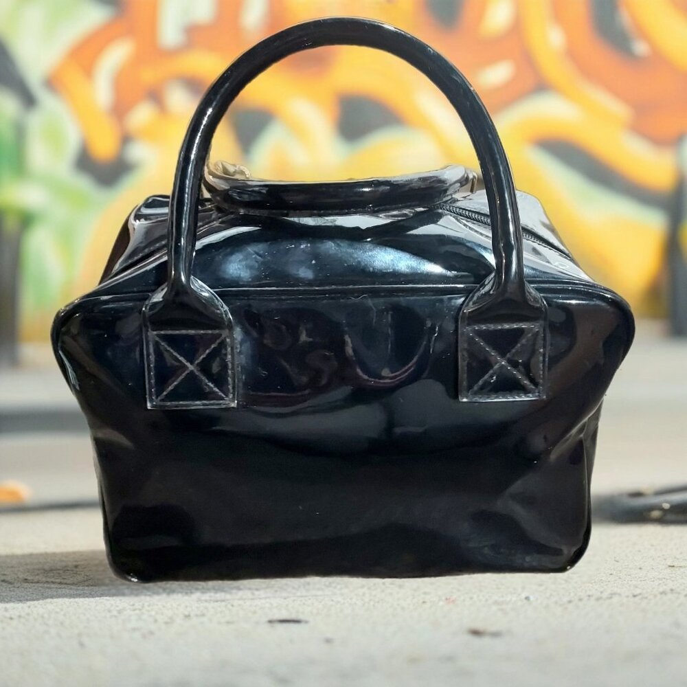 Patent Leather Vinyl Shiny Black Purse Handbag Bag Doctor Style - Picture 3 of 9